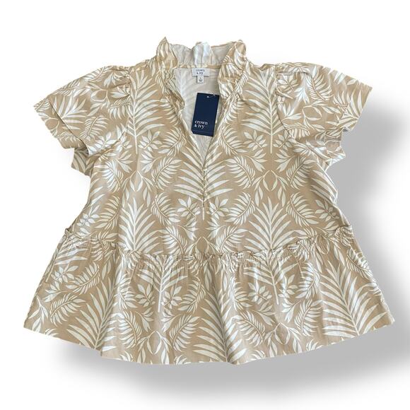 Crown‎ & Ivy NWT Tan Palm Flutter Sleeve V-Neck Top Size Large Summer Casual - Picture 1 of 9